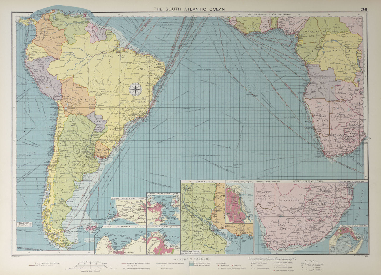 South Atlantic Ocean sea chart. Ports lighthouses mail routes. LARGE 1927 map